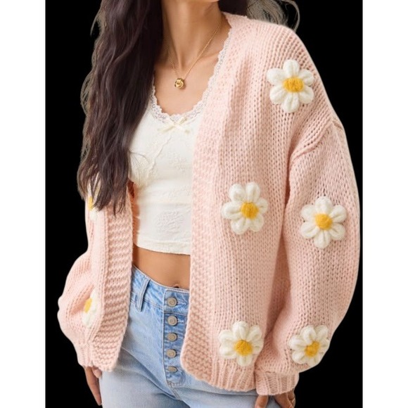 Altar'd State Sweaters - Altar'd State Daisy Flower Chunky Knit Open Front Cardigan Pink XL Coquette